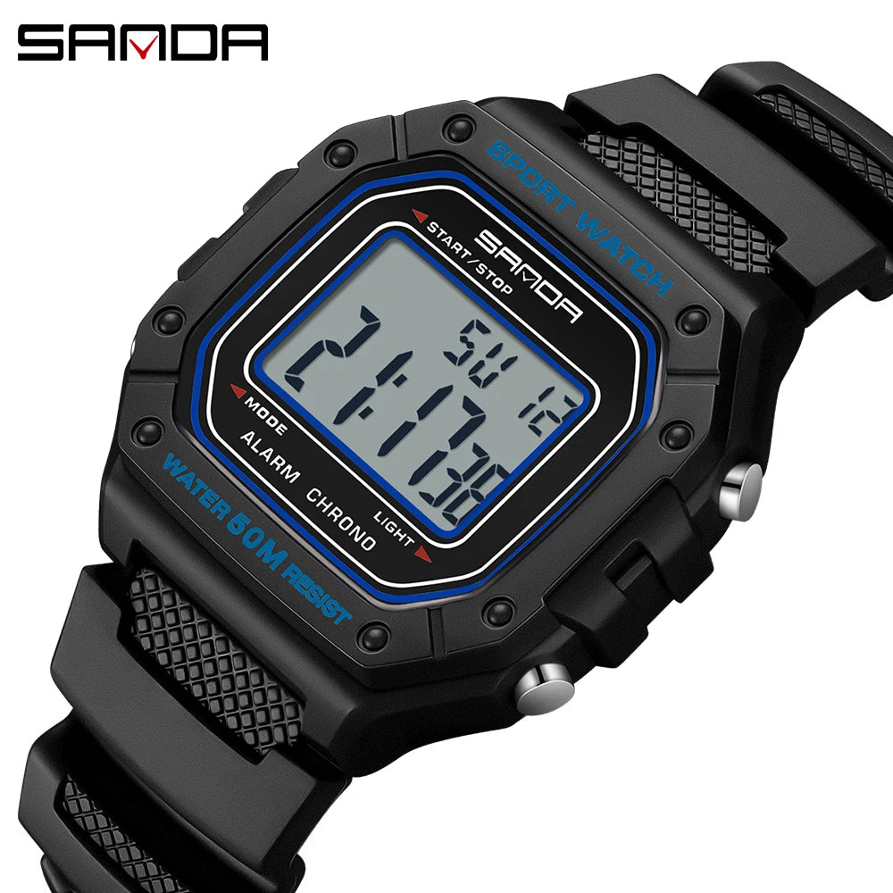 SANDA 2156 Men Watch New Model Electronic Digital Movement Rectangle Led Display Dial Outdoor Sports Watertight Male Wrist Watch