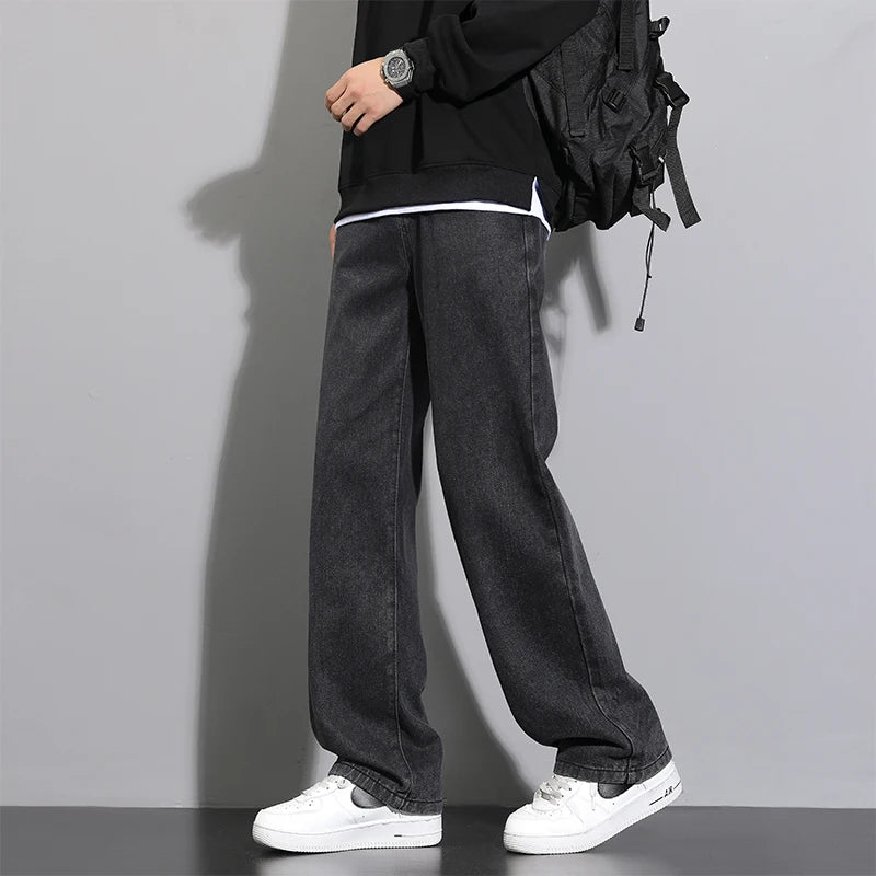 2025 New Korean Men's Casual Long Jeans Classic Man Straight Denim Wide-leg Pants Solid Color Light Blue Grey Black - Live Store 4U