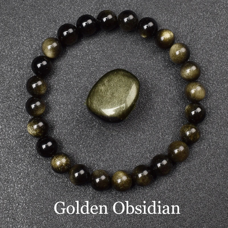 Natural Golden Obsidian Stone Beads Bracelet Men Women Golden Light Rainbow Obsidian Raw Stone Round Bead Natural Energy Jewelry - Live Store 4U