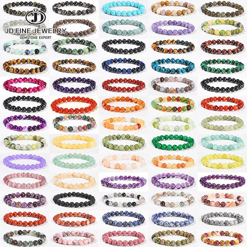 JD 6 8 10mm Natural Stone Beaded Bracelet Obsidian Fluorite Quartz Jasper Healing Beads Bangles Women Men Stretch Yoga Jewelry - Live Store 4U
