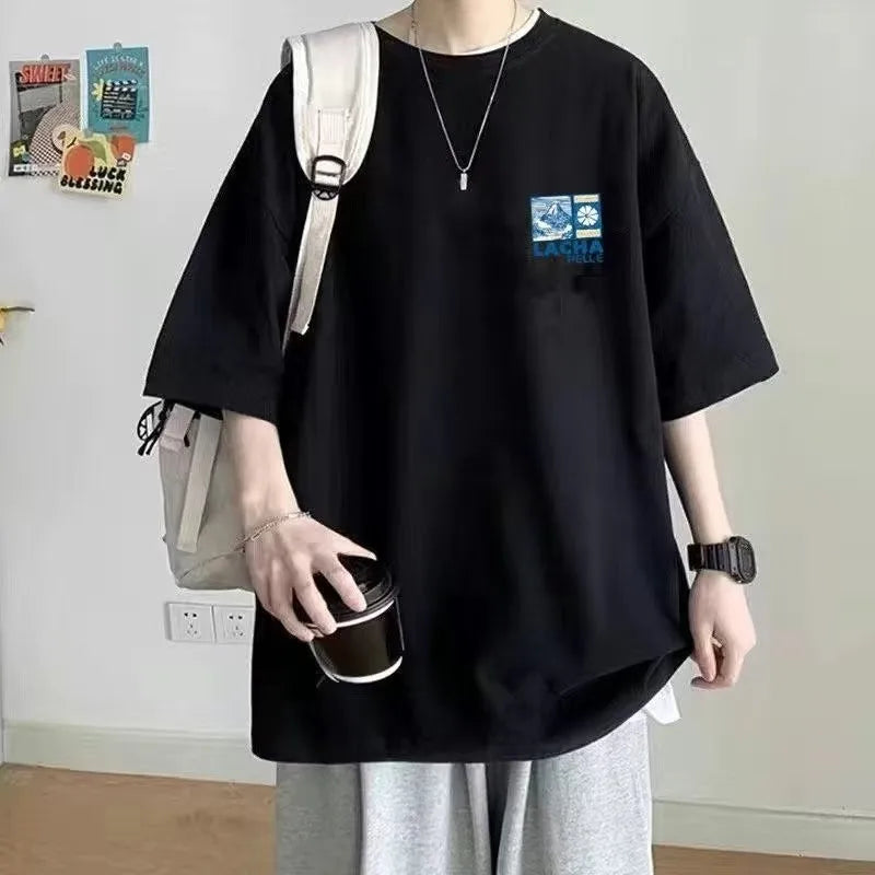 8XL Korean Loose Fitting T-shirt Fashion American Japanese Fuji Printed T-shirt with Soft Men Versatile Double Outfi - Live Store 4U