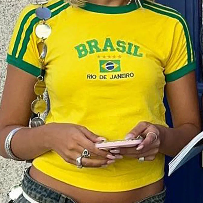 Womens Aesthetic BRASIL Letter Print T-Shirt and Shorts Suit, Vintage Grunge  Short Sleeve Baby Tees, Summer Crop Top Y2k Clothe