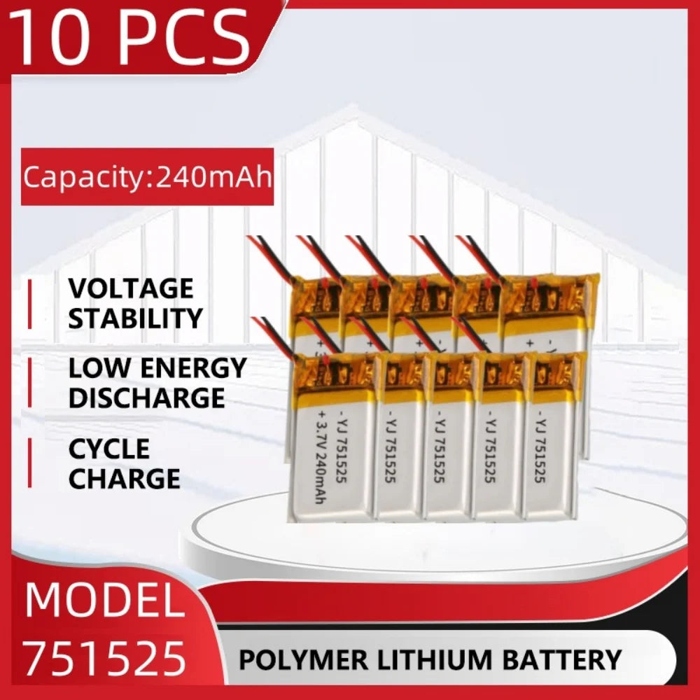 3.7V 240mAh Polymer Lithium LiPo Rechargeable Battery 751525 For Bluetooth headset, beauty instrument, selfie stick, spray, etc