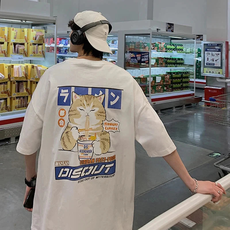 Harajuku Cat Cartoon Eating Noodles Graphic Men Women Tshirts Casual Short Sleeve Tees Japan Style Oversized T Shirt Clothing - Live Store 4U