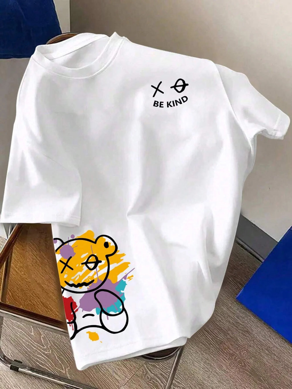 Men's 100% pure cotton summer loose size BE KIND letter cartoon print casual comfortable round neck short sleeved T-shirt top - Live Store 4U