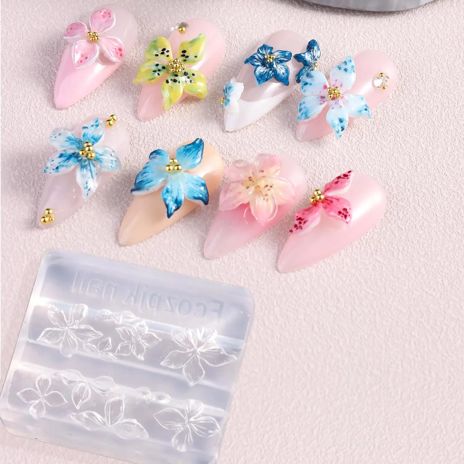 3D Silicone Flower Nail Carving Mold Acrylic Lily Hibiscus Floral Stamping Plate Nails Stencils Five-Petal Blossom Nail Template