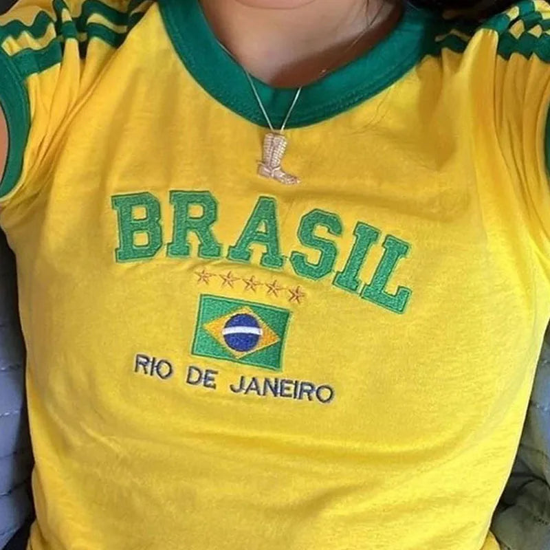 Womens Aesthetic BRASIL Letter Print T-Shirt and Shorts Suit, Vintage Grunge  Short Sleeve Baby Tees, Summer Crop Top Y2k Clothe