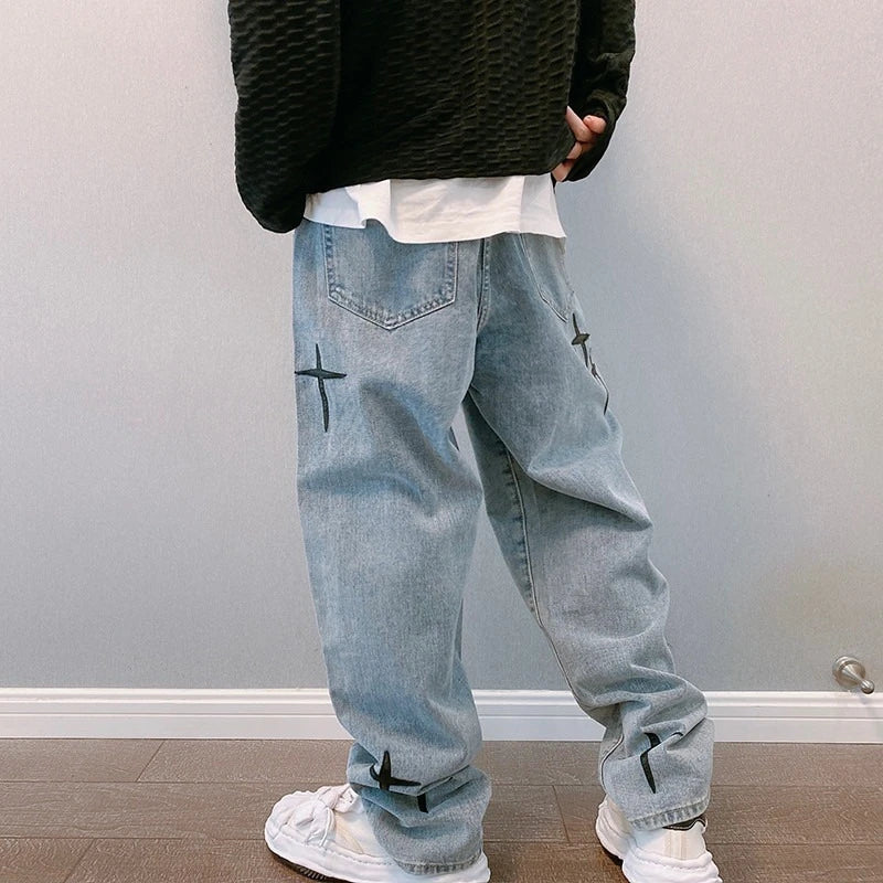 Prints Jeans Men 2023 New Streetwear Baggy Wide Leg Jeans Korean Fashion Drapes Straight Casual Loose Denim Cargo Pants - Live Store 4U