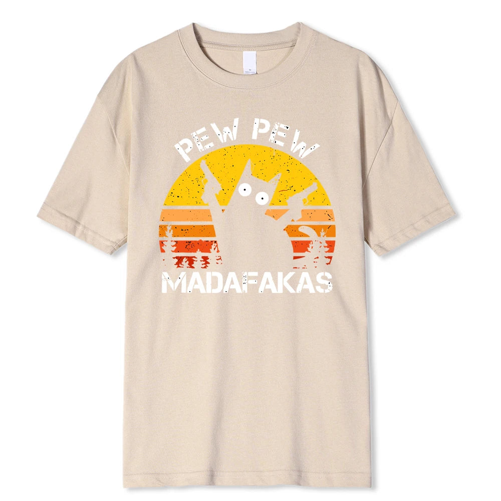Pew Pew Madafakas Cat With Two Guns Printing Men T Shirts Summer Cotton T-Shirts Breathable Loose Clothes Hip Hop Street Tees - Live Store 4U