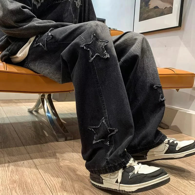 Stars Patchwork Men Jeans New Fashion Y2K Tassel Pants Korea Clothes Straight Hip Hop Splicing Trousers Male Streetwear - Live Store 4U