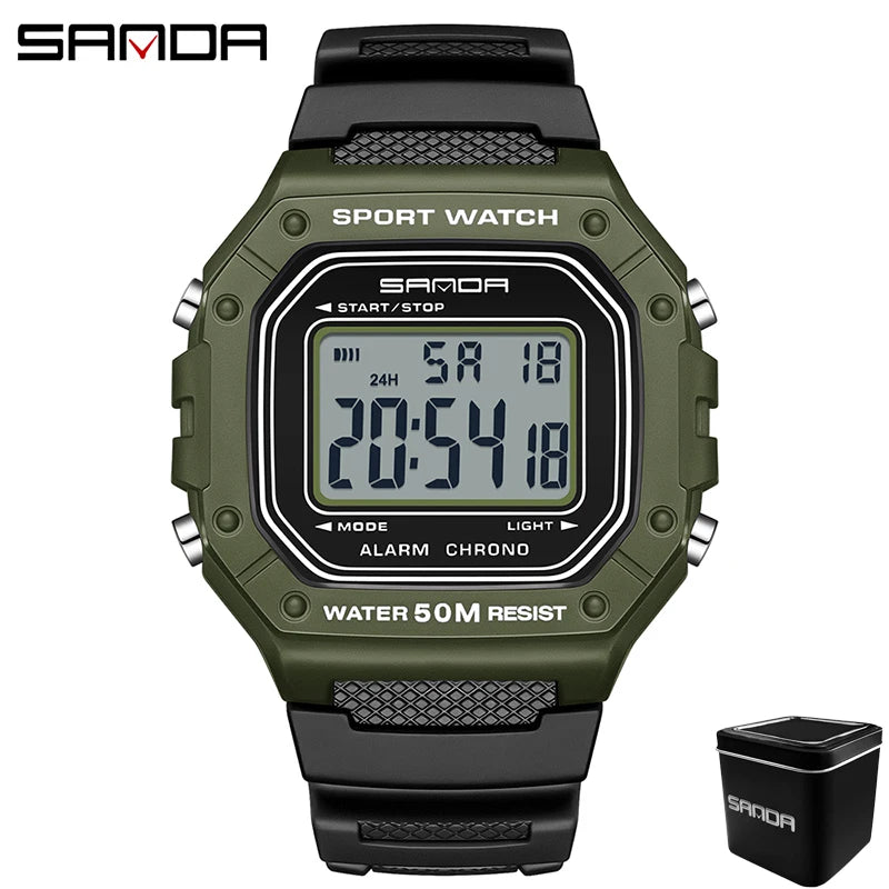 SANDA 2156 Men Watch New Model Electronic Digital Movement Rectangle Led Display Dial Outdoor Sports Watertight Male Wrist Watch
