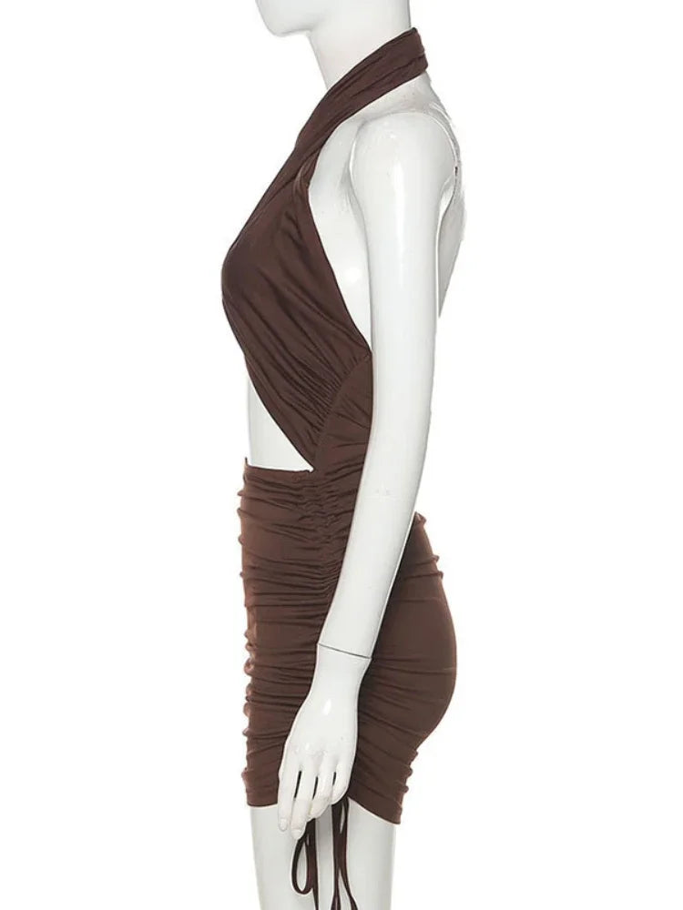 Sexy Cross Bandage Wrap Chest Shirring Slim Bodycon Dress Women Backless Sleeveless Mini Dress Elegant Club Party Vestidos