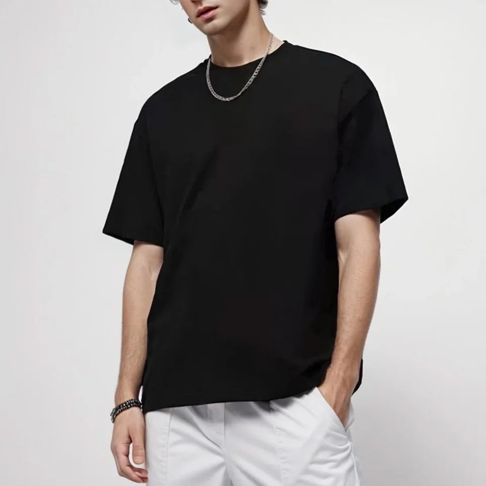 220gsm Heavy Oversized Plain T-Shirt for Men Summer HighQualtity Short Sleeve Tee 100%cotton Solid Color Trendy Casual white Top - Live Store 4U