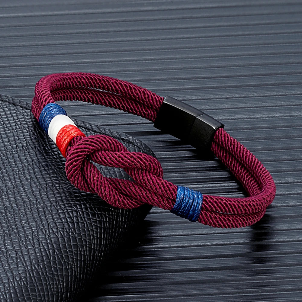 MKENDN Black Stainless Steel Square Knot Rope Bracelet Men Women Handmade Woven Double-Layer Design France Flag Couple Jewelry - Live Store 4U