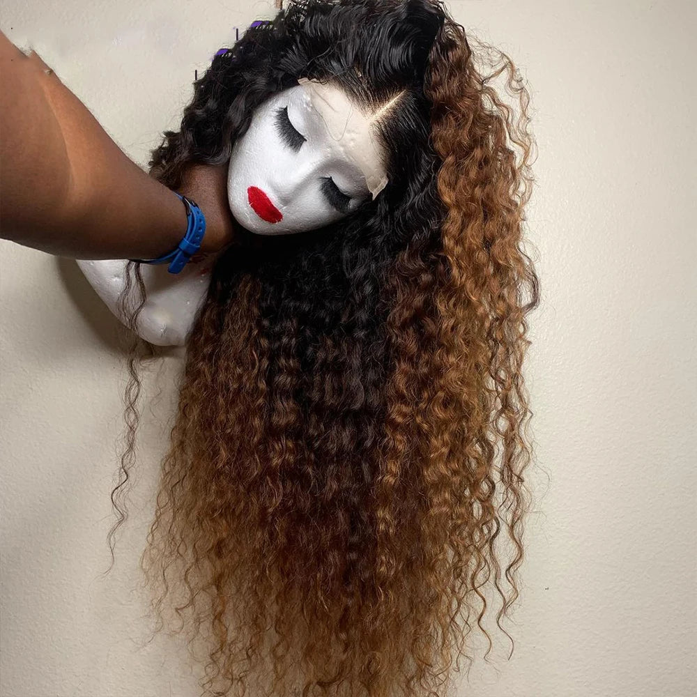 Soft Preplucked Ombre Brown Color 26Inch Long 180Density Lace Front Wig For Women Synthetic Kinky Curly With Baby Hair Glueless