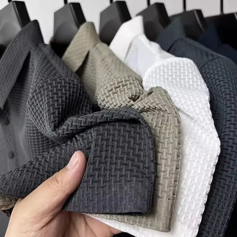 Summer New Men's Lop-up Hollow Short-sleeved Polo Tee Shirt Ice Silk Breathable Business Fashion T-Shirt Male Brand Clothes - Live Store 4U