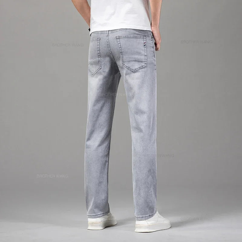 Summer Thin Men's Elastic Cotton Jeans Fashion Gray Comfortable Business Straight Casual Pants Brand Male Clothes Trousers - Live Store 4U