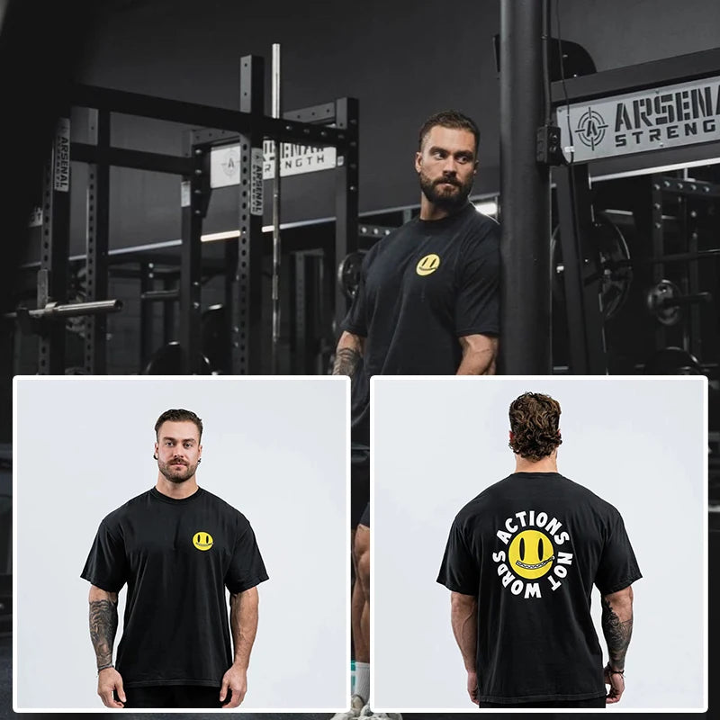 New Gym Fitness T-shirt Loose Oversized Cotton Men Short Sleeves Bodybuilding Sports Tees Summer Training Workout Jogging Tops - Live Store 4U
