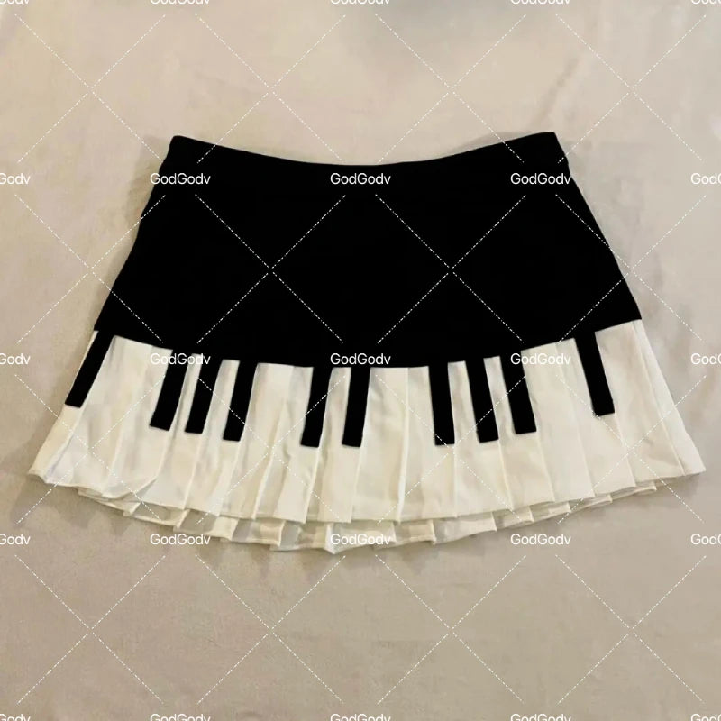 Spring Black White Spliced Women Short Skirt 2025 Y2k Slim Design Harajuku Mini Skirt Female Empire Korea Style Chic Piano Skirt - Live Store 4U