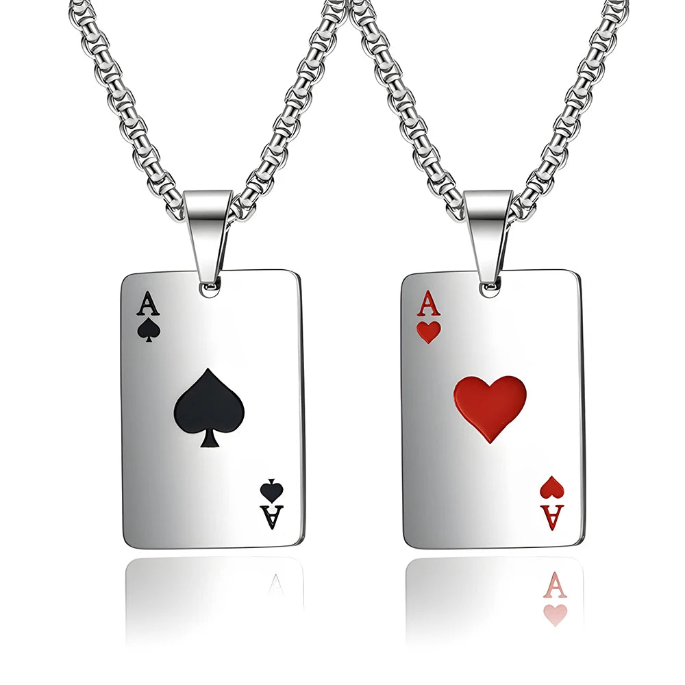 Hip Hop Stainless Steel Poker Card Ace of Spades Necklace For Men Pendant Chain Playing Cards Jewelry Ace of Hearts Necklaces - Live Store 4U