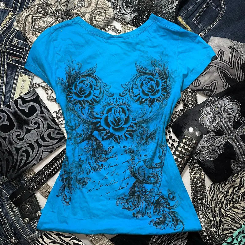 Women's Y2k Grunge T-Shirts 2000s Vinage Rhinestone Print Heart Rose T-Shirt Aesthetics Harajuku Round Neck Tops street fashion - Live Store 4U