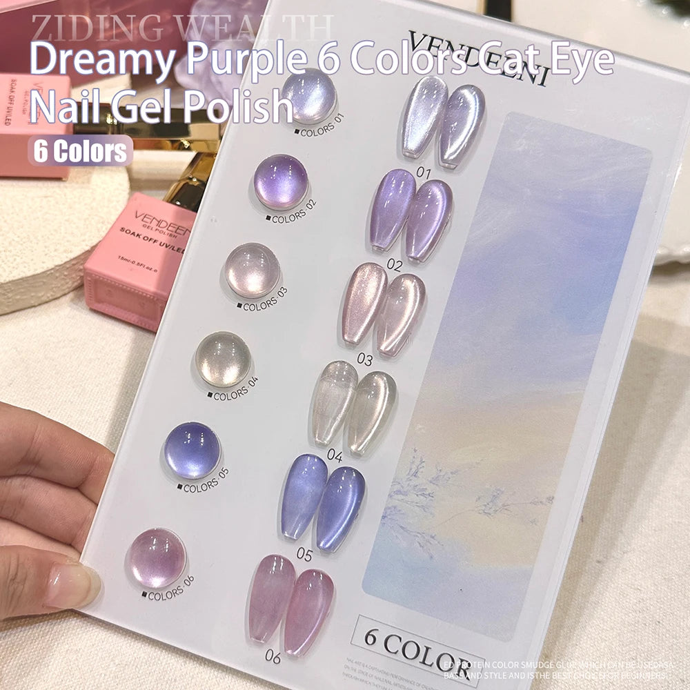Vendeeni 6 Colors Crystal Cat Eye Gel Nail Polish Set Semi Permanent Sparkling Magnetic UV LED Soak Off Gel Varnish With Display