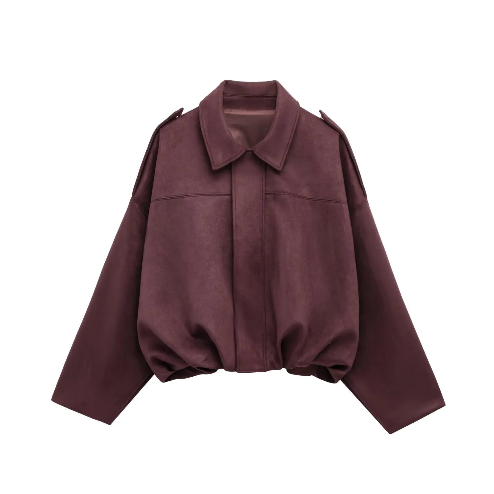 PB&ZA 2025 Women Faux Suede Collared Jacket with Shoulder Straps Loose Fit Stylish Olive Green for Sale on AliExpress