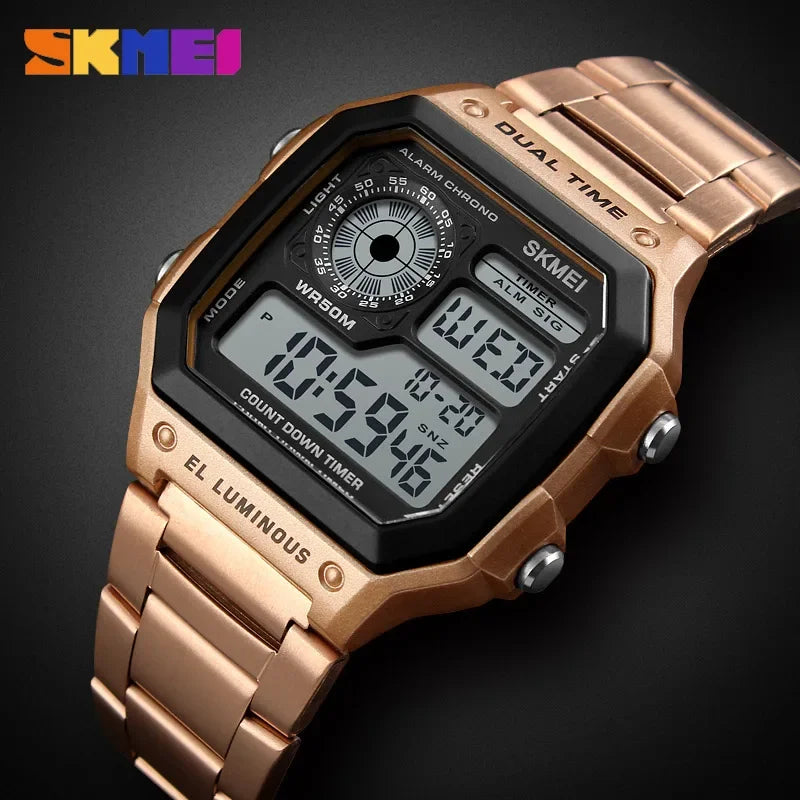 SKMEI 1335 Retro SportsDigital Watch for Men Waterproof Chrono Electronic Mens Wristwatches Stainless Steel Clock Reloj Hombre