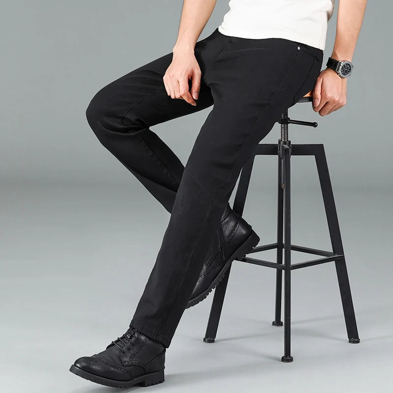 Men's pure black jeans Korean version trendy straight fit pants men's comfortable and elastic classic business jeans - Live Store 4U