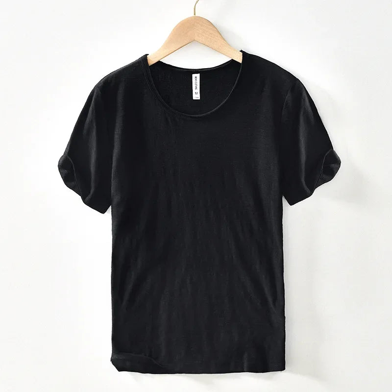 Retro Raw Edge T-Shirt for Men, 100% Cotton, Lightweight,Breathable,Slim-fit, Monochromatic, O-Neck, Casual Basic Top - Live Store 4U