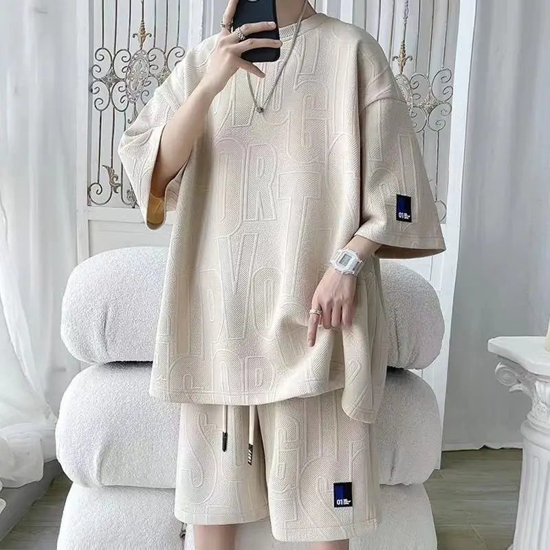 2025 3D Men's new Waffle TZ30 Summer Suit  Casual T-shirt + Shorts Suit Men's Tracksuit Solid color tracksuit loose suit - Live Store 4U