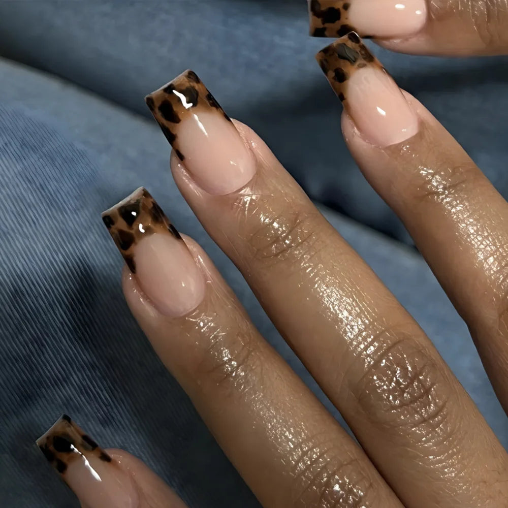 24Pcs Mid-length Square Head French False Nails Press on 3D Flower Design Full Cover Nails Tips Leopard Print Reusable Fake Nail