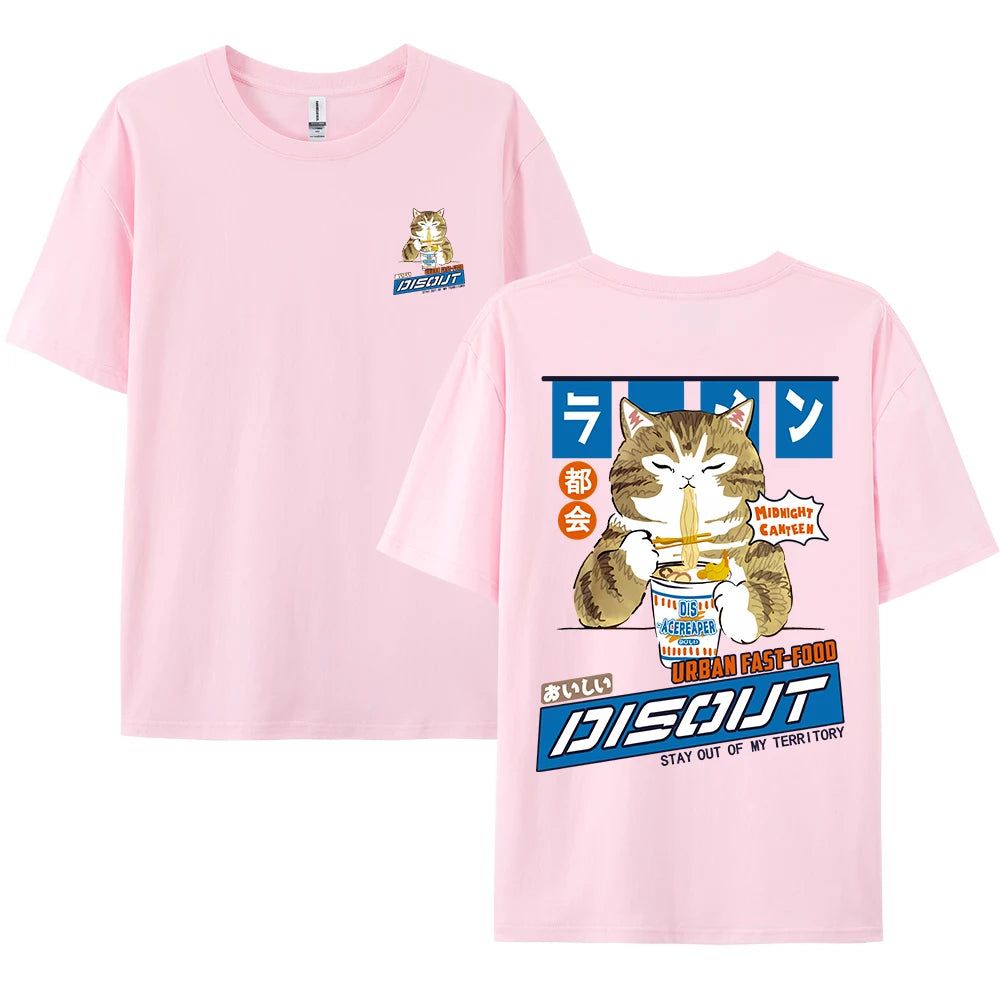 Harajuku Cat Cartoon Eating Noodles Graphic Men Women Tshirts Casual Short Sleeve Tees Japan Style Oversized T Shirt Clothing - Live Store 4U