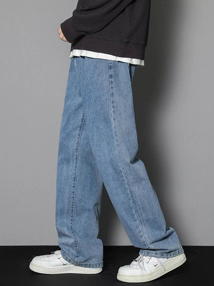2025 New Korean Men's Casual Long Jeans Classic Man Straight Denim Wide-leg Pants Solid Color Light Blue Grey Black - Live Store 4U