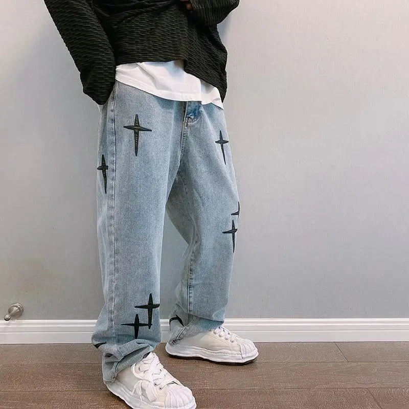 Prints Jeans Men 2023 New Streetwear Baggy Wide Leg Jeans Korean Fashion Drapes Straight Casual Loose Denim Cargo Pants - Live Store 4U