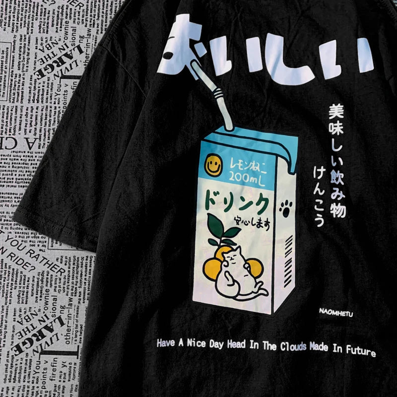 Cute Japanese Cat Print Oversized T-shirt men Women Short Sleeve Loose Casual Tee Shirt Streetwear Tops Cotton Harajuku Clothing - Live Store 4U