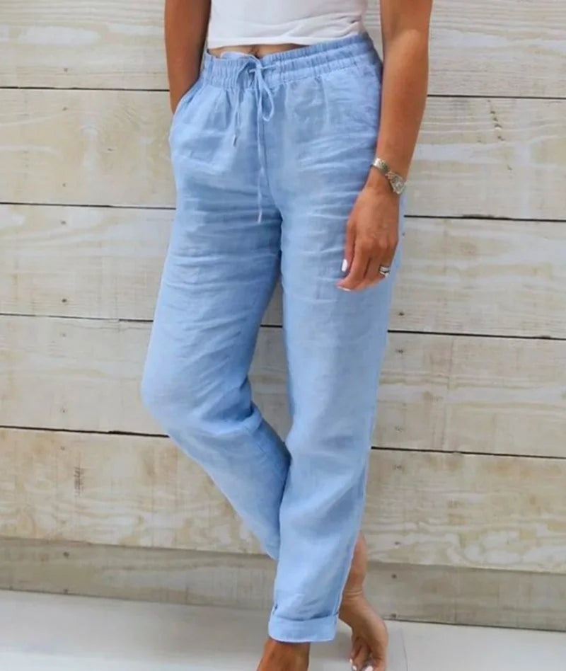 Summer Cotton Linen Pants For Women High Waist Elastic Sweatpant 2025 Loose Pencil Pant Casual Streetwear Solid Pocket Trousers