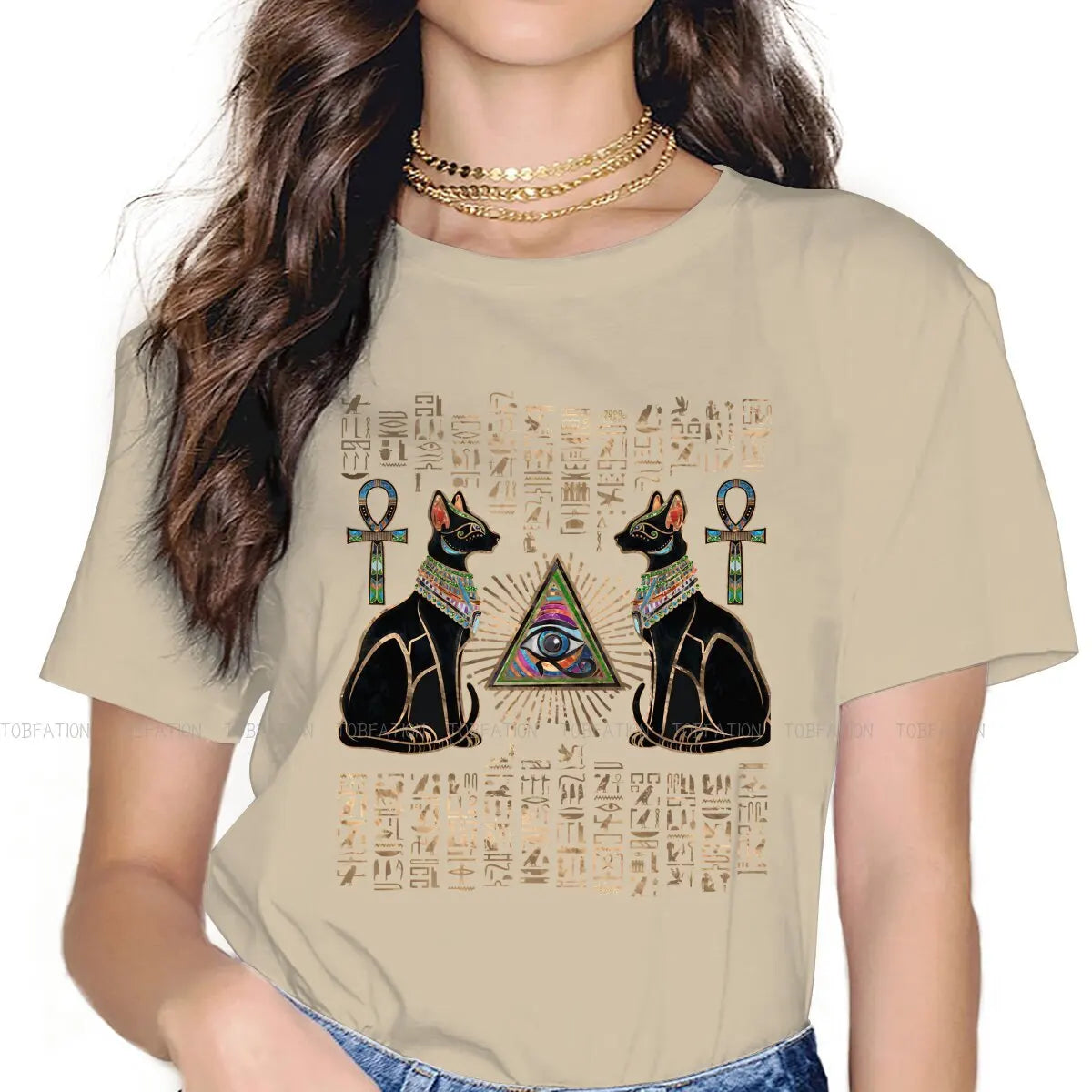 Cat Essential Women Shirts Ancient Egypt Egyptian Korean StyleT-shirt Kawaii 100% Cotton Female Clothing