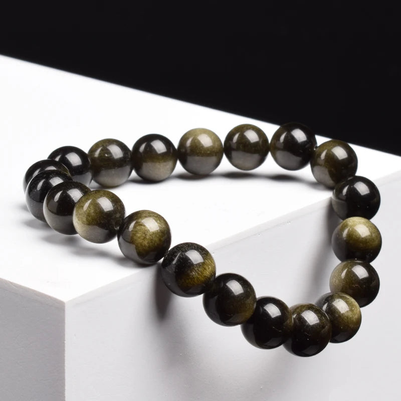 Natural Golden Obsidian Stone Beads Bracelet Men Women Golden Light Rainbow Obsidian Raw Stone Round Bead Natural Energy Jewelry - Live Store 4U