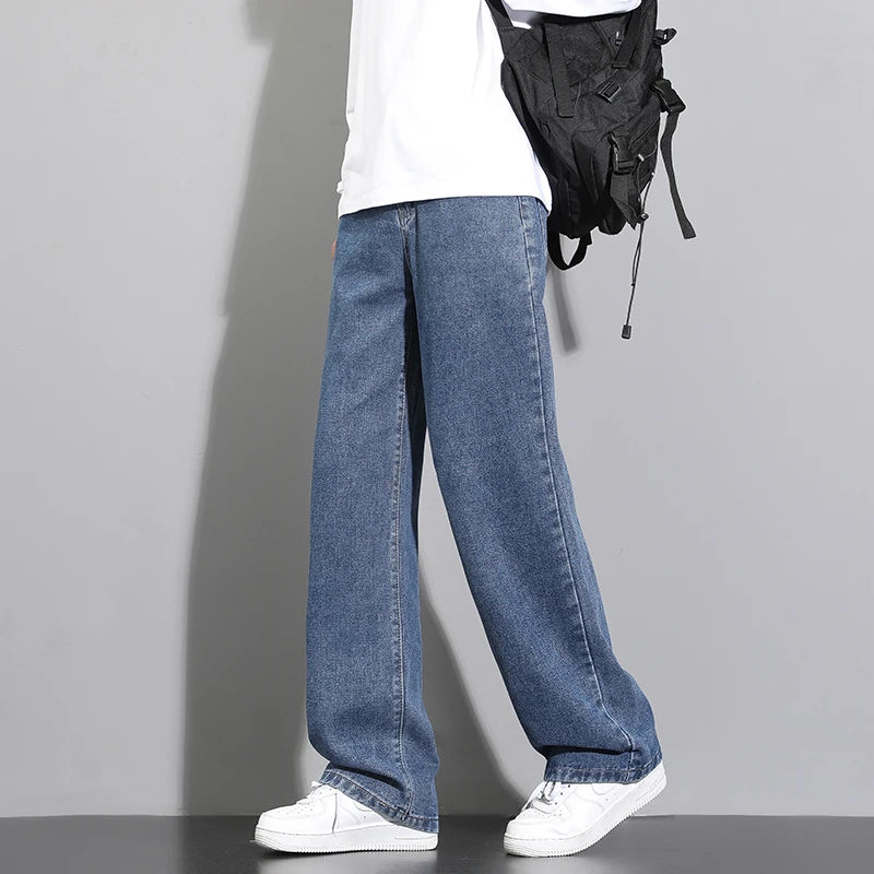 2025 New Korean Men's Casual Long Jeans Classic Man Straight Denim Wide-leg Pants Solid Color Light Blue Grey Black - Live Store 4U