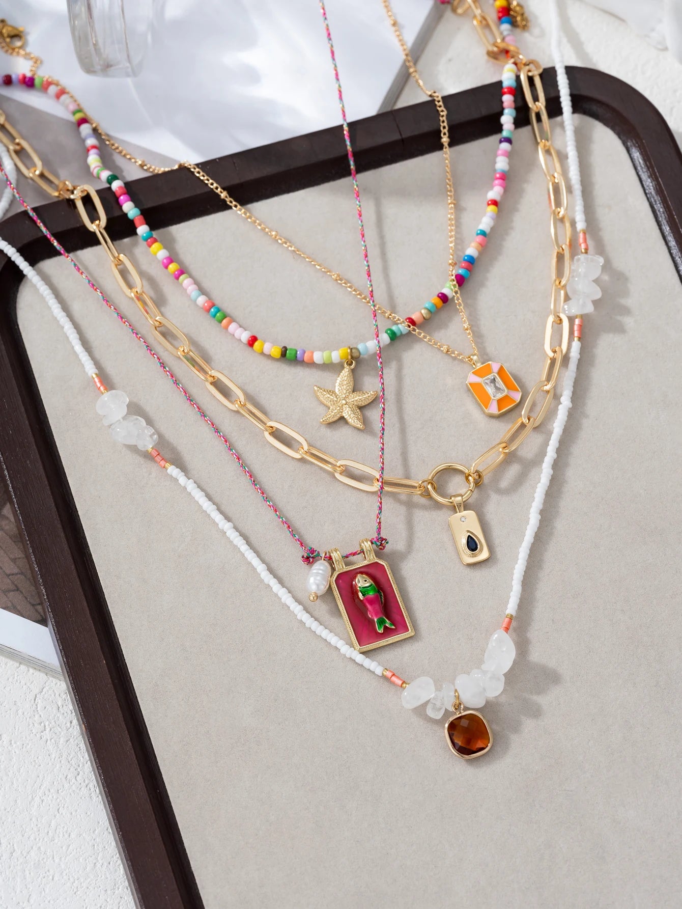 5PCS Charm Bohemian Sea Star Pendant Irregular Gravel Beads Clavicle Chain Women's Necklace Holiday Jewelery Accessories