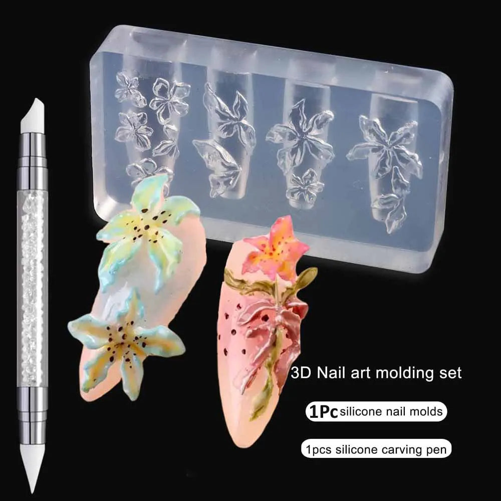 3D Silicone Flower Nail Carving Mold Acrylic Lily Hibiscus Floral Stamping Plate Nails Stencils Five-Petal Blossom Nail Template
