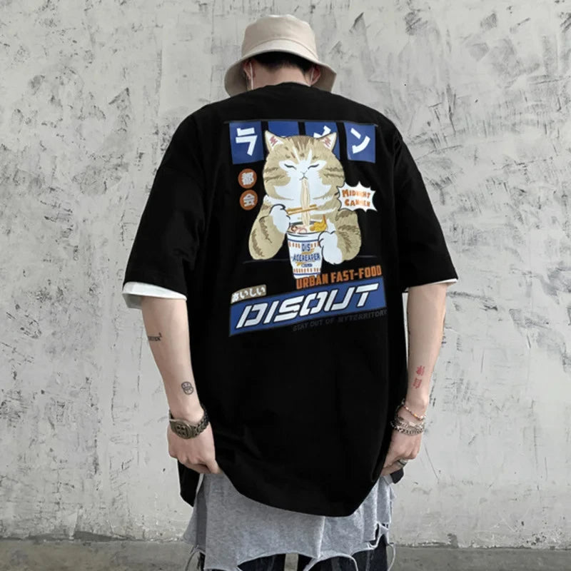 Harajuku Cat Cartoon Eating Noodles Graphic Men Women Tshirts Casual Short Sleeve Tees Japan Style Oversized T Shirt Clothing - Live Store 4U