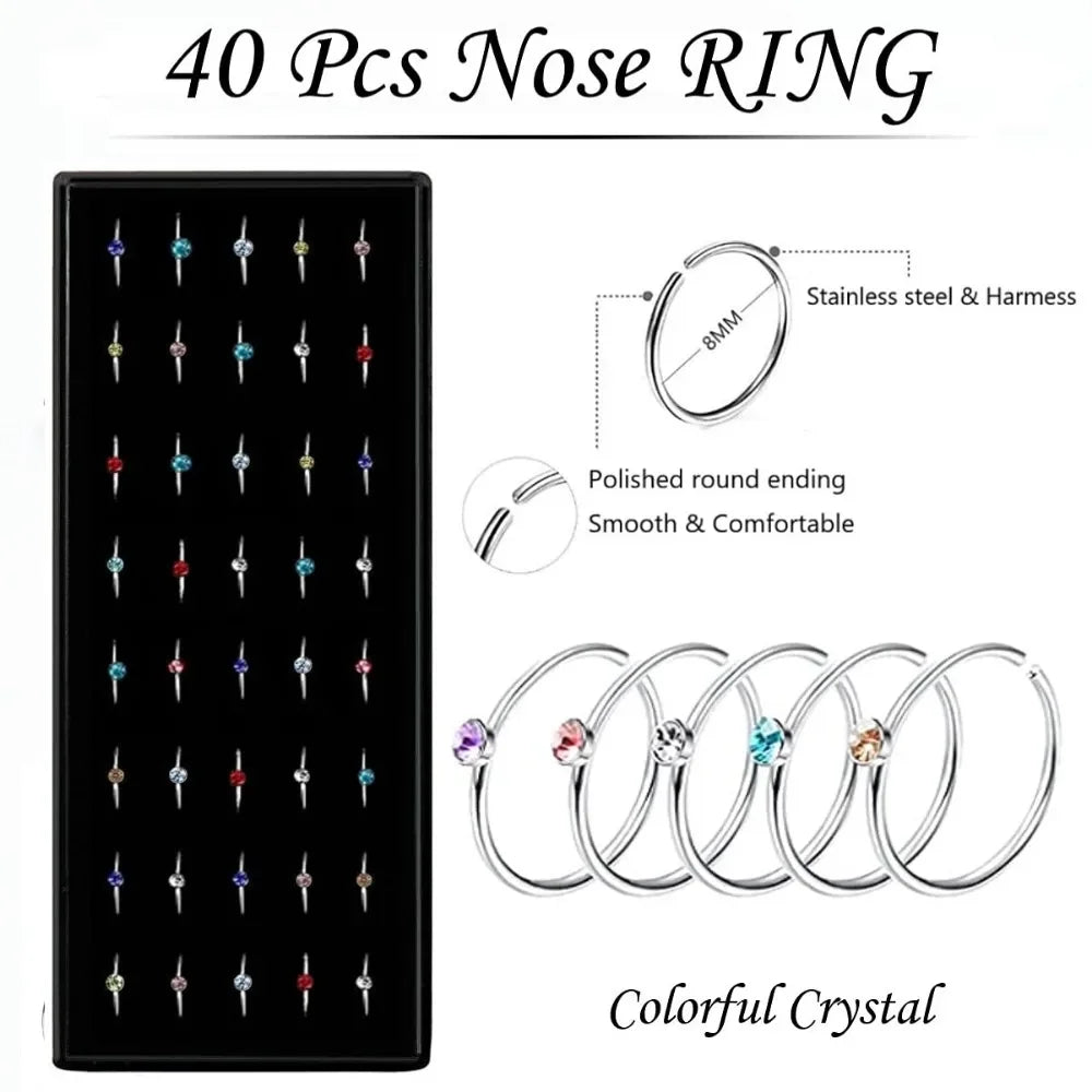 Fashion Crystal Stainless Steel Nose Stud Piercing for Women Hypoallergenic 1.8mm Nose Ring Straight/L/Screw Shaped Body Jewerly
