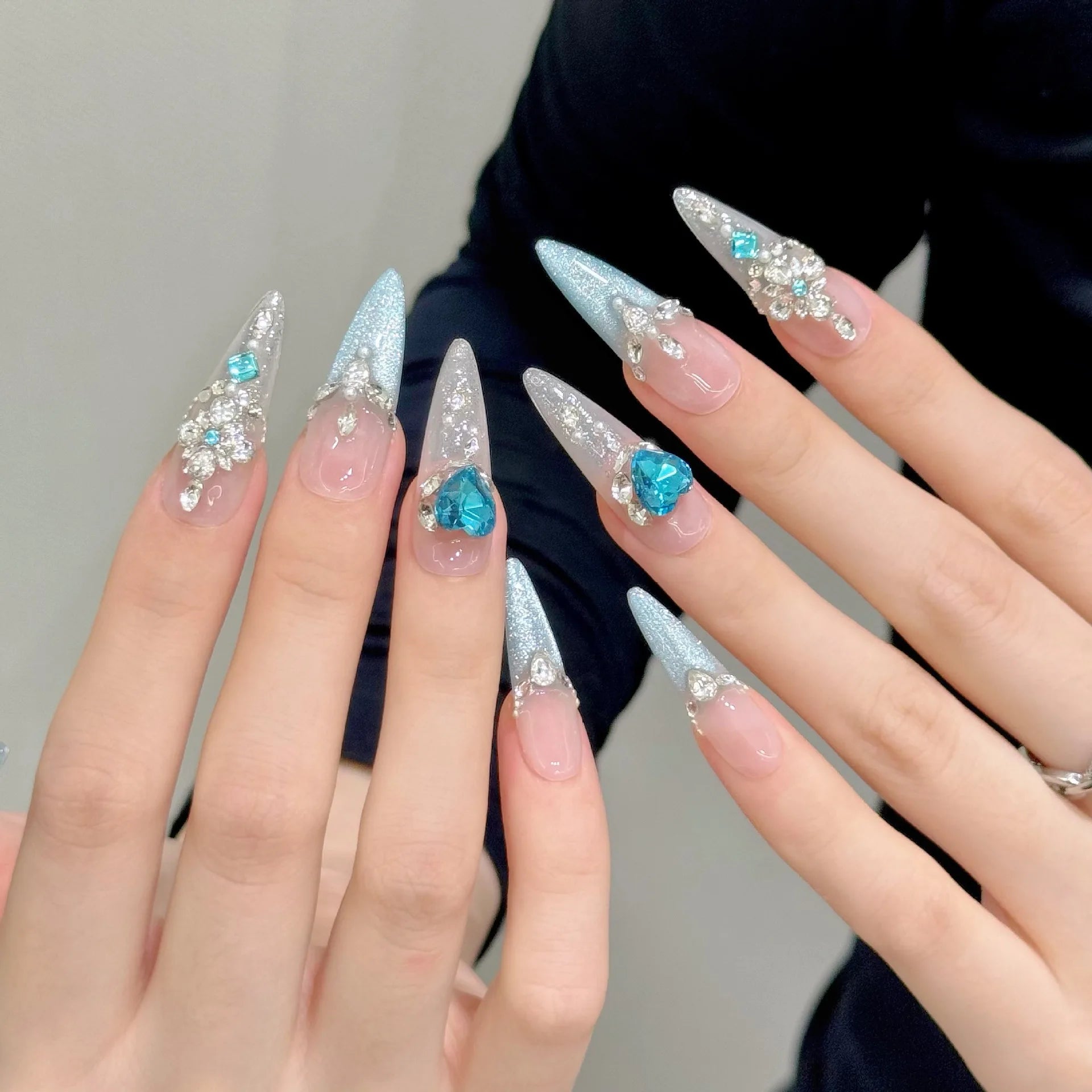 10 PCS Luxury Handmade Press on Nails Long Drop Fully-jewelled Design with 3-PIECE Tool Adhesive Nail Glue Tabs
