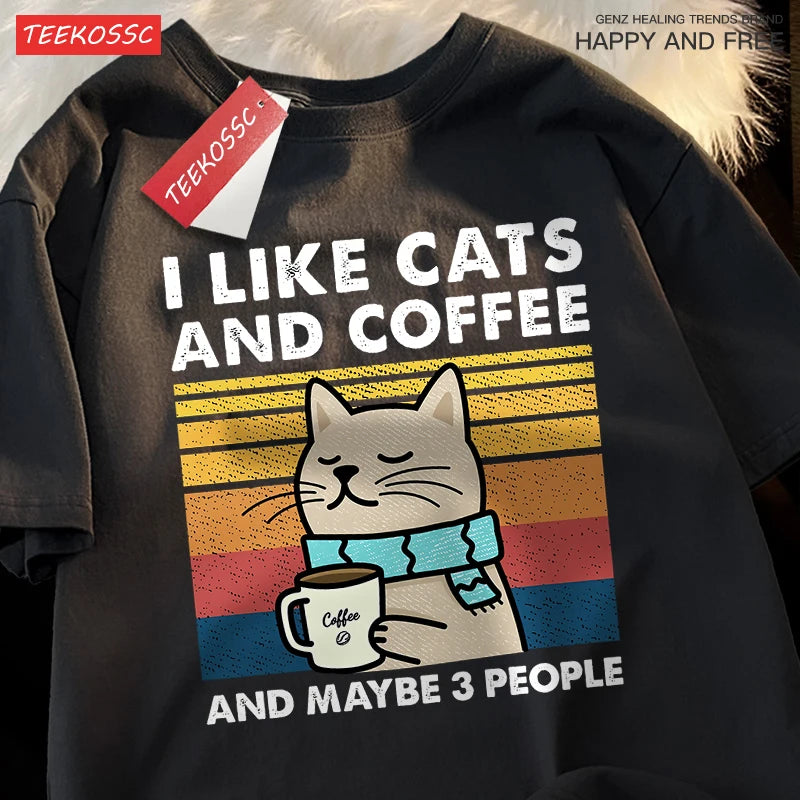 I Like Cats And Coffee Men Women T-Shirt Cotton Tee Clothes Hip Hop Loose Tshirt Fashion Crewneck T-Shirt Streetwear Couple - Live Store 4U