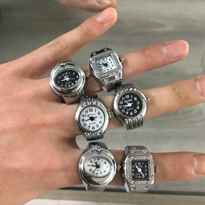 Vintage Punk Finger Watch Mini Elastic Strap Alloy Watches Couple Rings Jewelry Clock Retro Roman Quartz Watch Rings Women Men - Live Store 4U