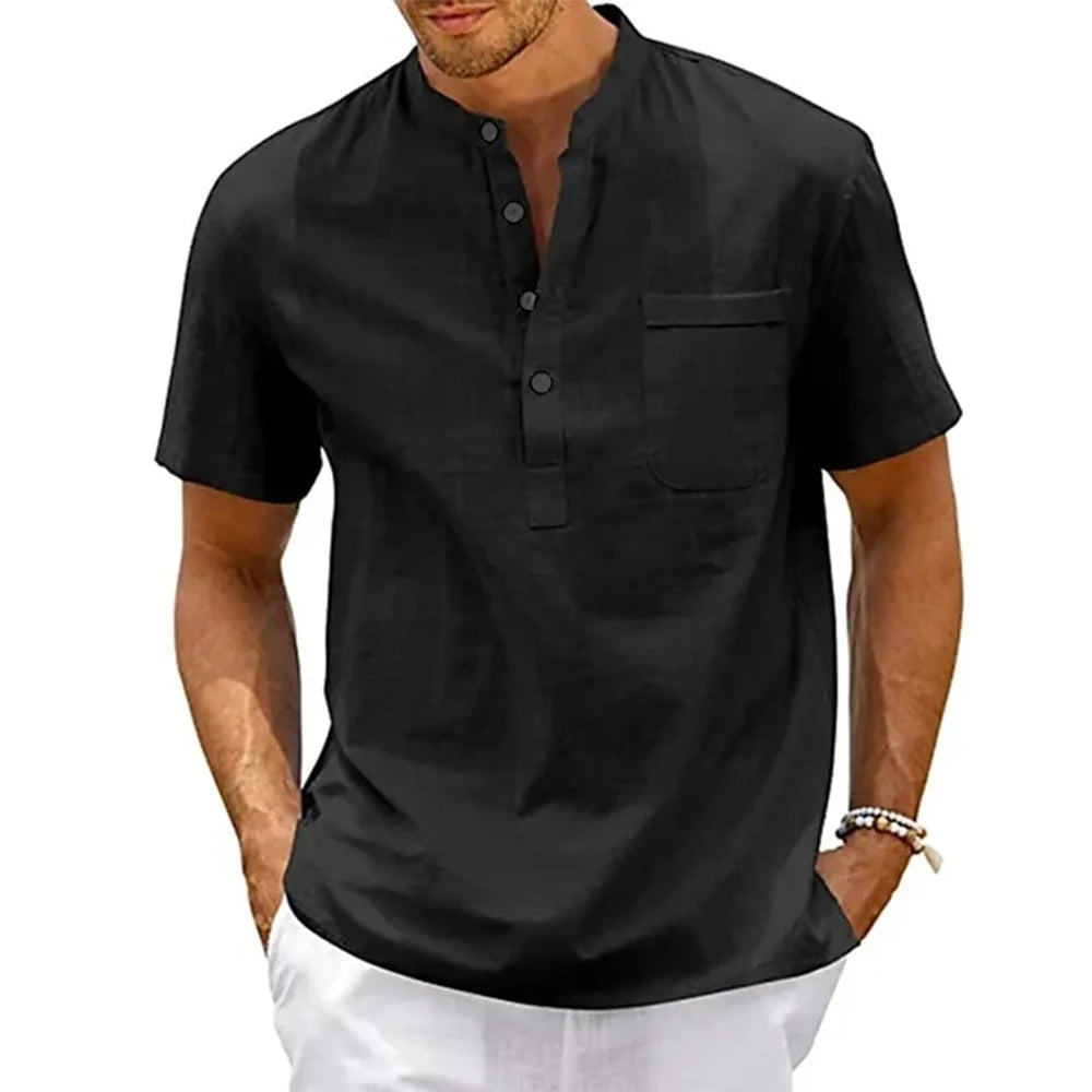 Cotton Linen Shirt Men Henley Neck Pocket Casual Beach Short Sleeve Solid Color Male Tops T-shirts Vintage Streetwear - Live Store 4U