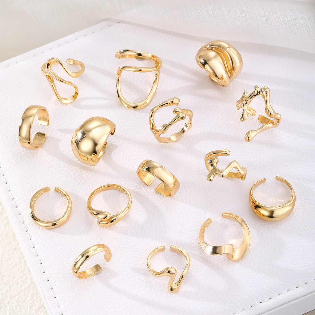 15Pcs/Set Exaggerated Metal Irregular Lines Water Droplet Smooth Rings for Women Men Punk Retro Boho Fashion Jewelry Gift - Live Store 4U