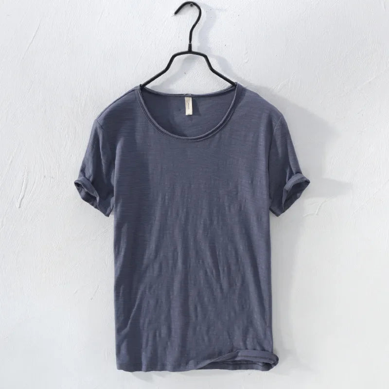 Retro Raw Edge T-Shirt for Men, 100% Cotton, Lightweight,Breathable,Slim-fit, Monochromatic, O-Neck, Casual Basic Top - Live Store 4U